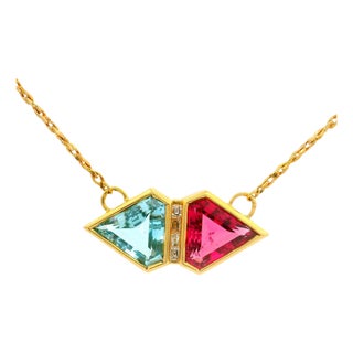 Tourmaline Rubellite Aquamarine Diamond 18k Yellow Gold Necklace For Sale