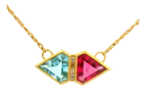 Tourmaline Rubellite Aquamarine Diamond 18k Yellow Gold Necklace