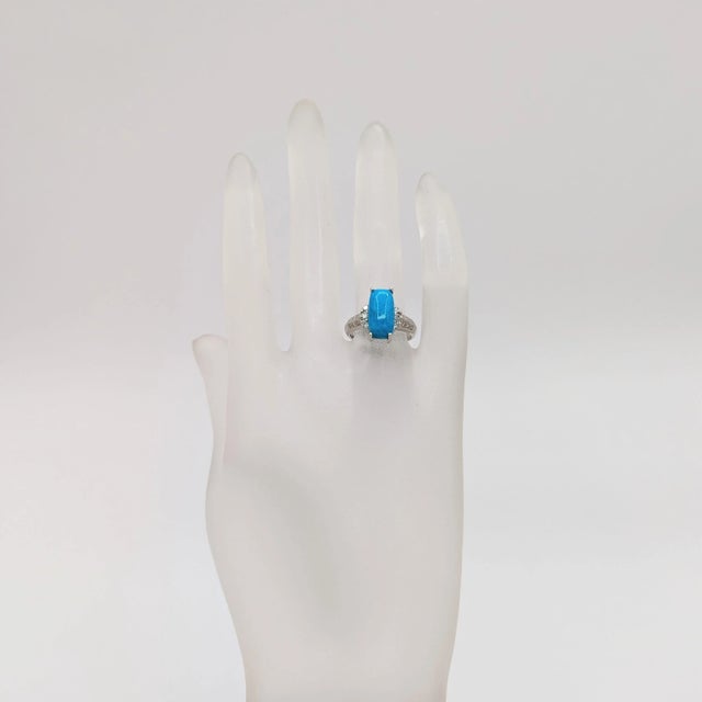 Turquoise Oval Cabochon and White Diamond Ring in Platinum, size 5.75 For Sale - Image 4 of 8