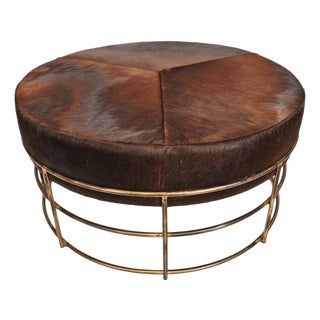 Bronze Iron & Cow Hide Round Ottoman For Sale