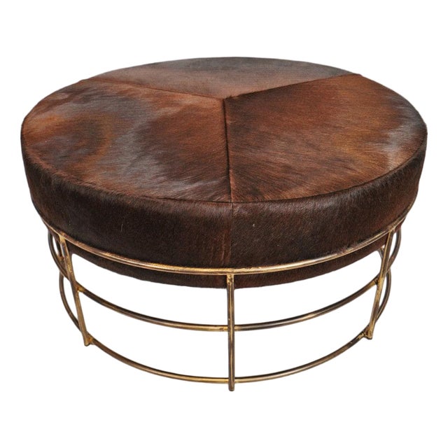 Bronze Iron & Cow Hide Round Ottoman For Sale