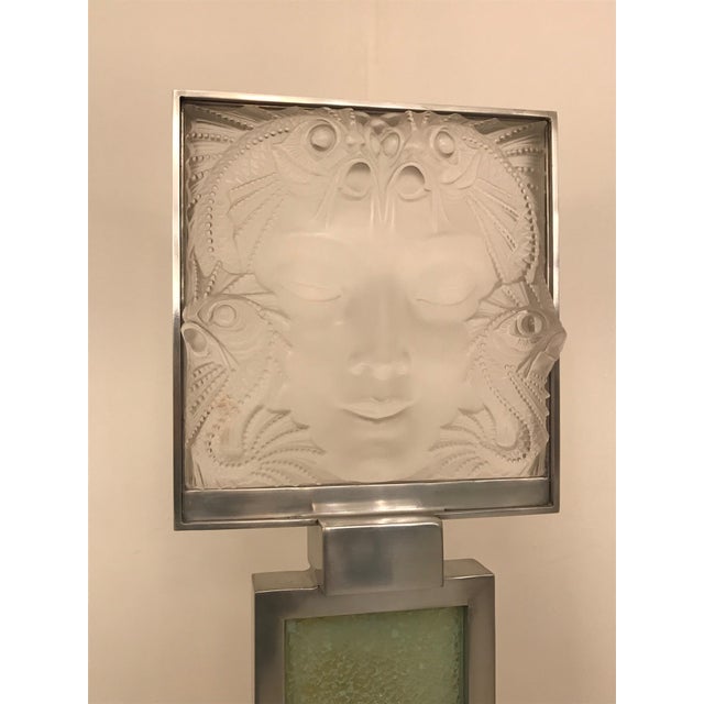 Glass Signed Lalique French Art Glass "Masque De Femme" Plaque Standing Lamp For Sale - Image 7 of 13