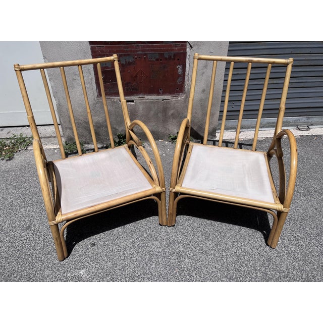 Mid-Century Modern Large Vintage Italian Bamboo Armchairs with Floral Cushions, 1970s, Set of 2 For Sale - Image 3 of 8