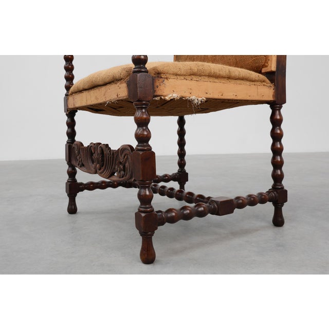 Antique Belgian Baroque Armchair in Wood and Leather, 1700s For Sale - Image 12 of 17