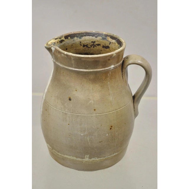 Beige Antique Primitive Stoneware Salt Glazed 8" Bulbous Water Pitcher With Handle For Sale - Image 8 of 11