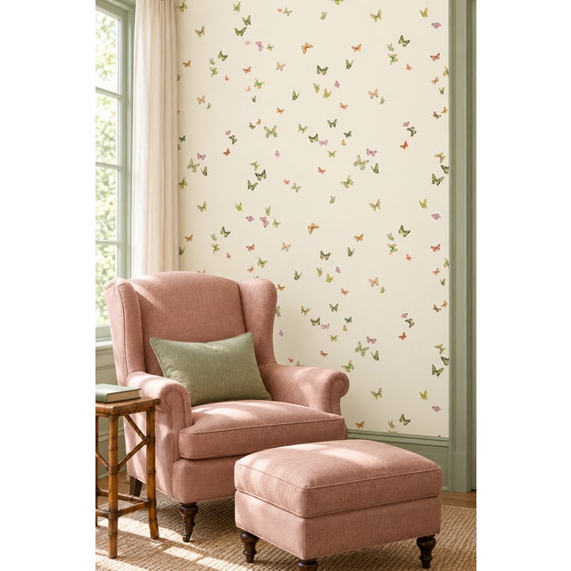 Chinoiserie Butterfly Grove Grasscloth Wallpaper by House Party | Vanilla Cream | 6 Yards For Sale - Image 3 of 11