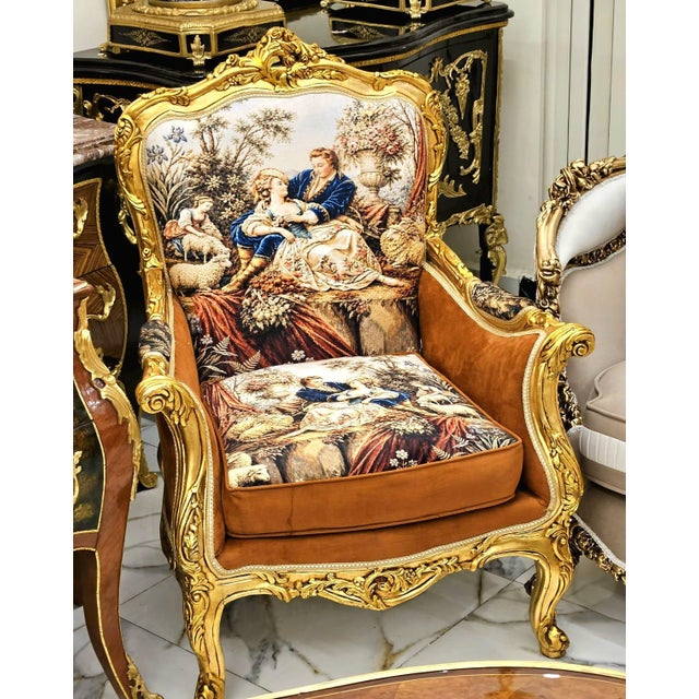 Textile French Louis XV Bergère Chair With Romantic Tapestry Upholstery, Velvet Panels & Hand-Gilded Gold Leaf Frame For Sale - Image 7 of 7