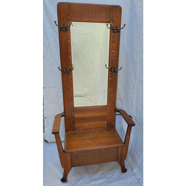Antique American Mission Oak Hall Seat / Hall Tree With Hooks, Mirror