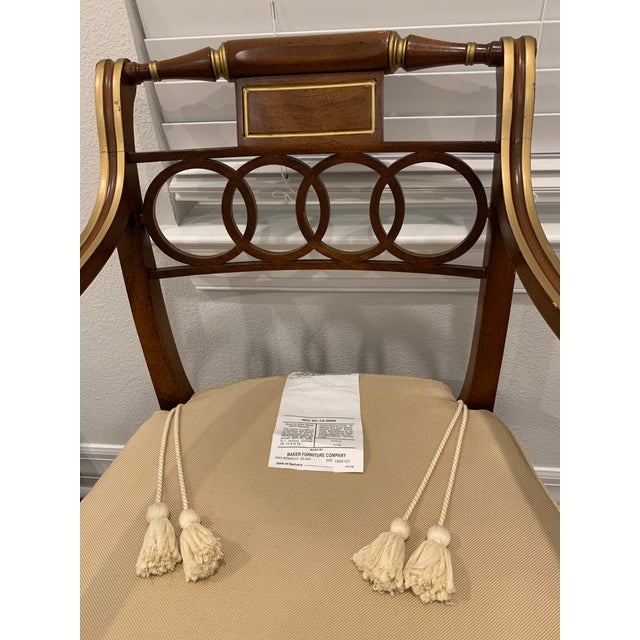 1980s Baker Furniture Hollywood Regency ArmChair Gilt Accents Caned Seat For Sale - Image 11 of 12