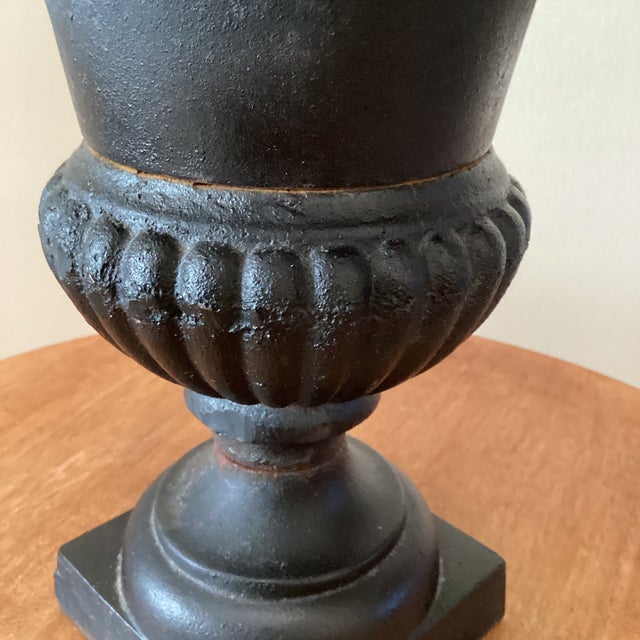 Vintage Patinated Cast Iron Campagna Style Fluted Rim Square Base Garden Urn For Sale - Image 4 of 12