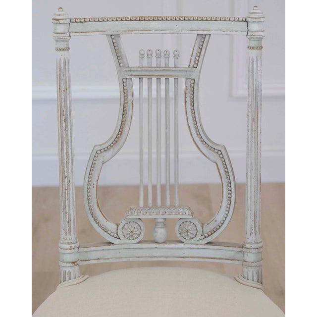 19th Century Pair of Antique French Neoclassical Painted Chairs in Antique Linen For Sale - Image 5 of 13