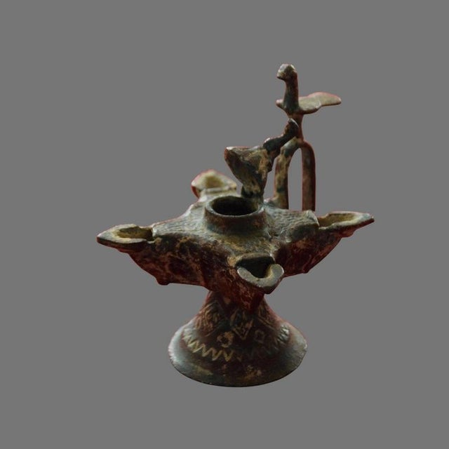Metal 14th Century Islamic Copper Alloy Oil Lamp with Bird Handle For Sale - Image 7 of 9