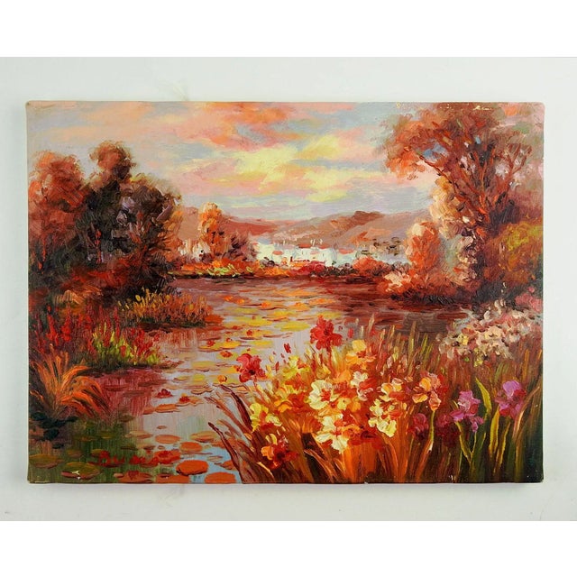 Late 20th century oil on canvas painting of lakeside villa. Signed illegibly lower left corner. Unframed.