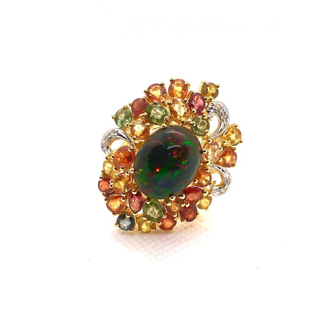 Bochic "Orient" Vintage Diamond, Sapphires & Black Opal Ring Set In 18K Gold & Silver For Sale - Image 12 of 18