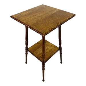 Early American Golden Tiger Oak Accent End Table With Two Tier Carved Beaded Wood Edges and Turned Bobbin Leg