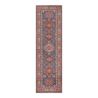 Boho Chic Tribal Kazak Light Blue/Beige Wool Runner Rug- 2'9''x9'6'' For Sale
