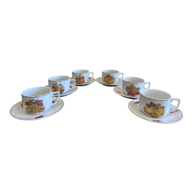 Mid 20th Century Seltmann Weiden Bavaria West Germany Fruit Tea Cups & Saucers - Set of 6 For Sale