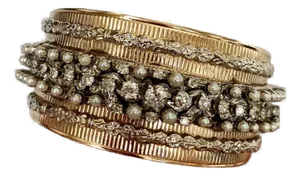 1950s 14k Bi-Colored Diamond and Cultured Pearl Bangle