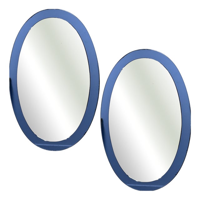 Italian Blue Oval Mirrors attributed to Cristal Arte by Gio Ponti, 1970s, Set of 2 For Sale