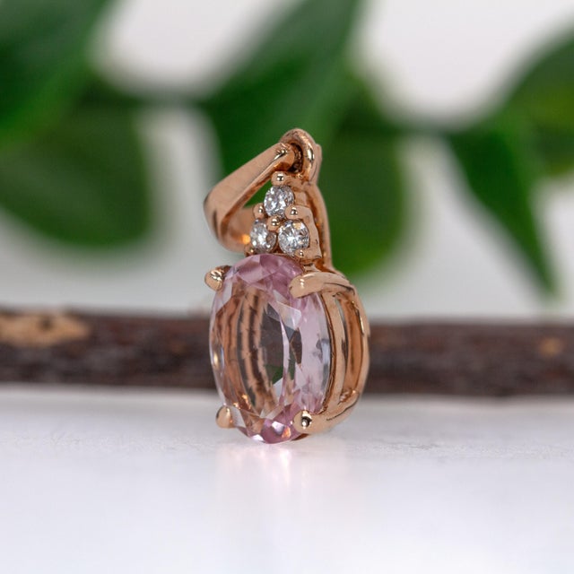 1ct Morganite Pendant W Diamond Accents in Solid 14k Rose Gold | Ov 8x6mm For Sale - Image 4 of 7