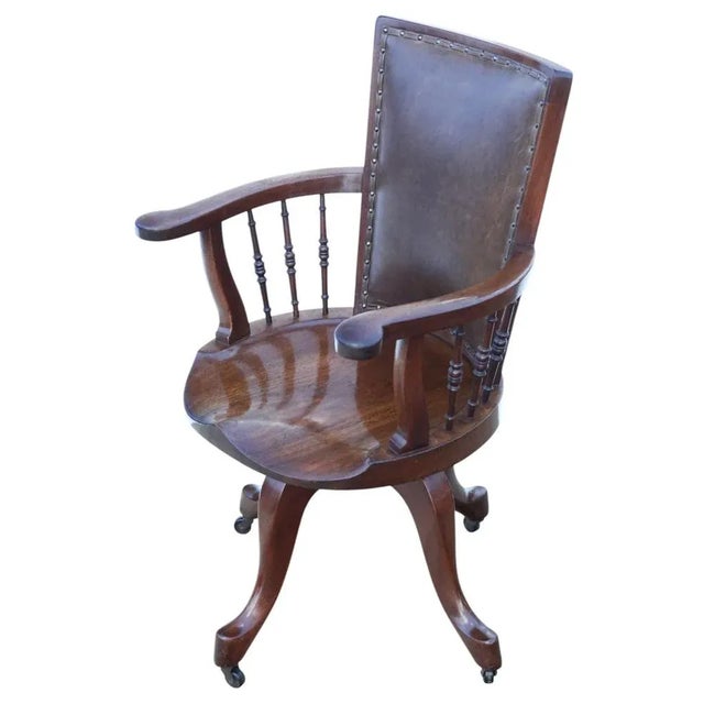 Antique Mahogany and Leather Swivel Captain's Chair, 1900s For Sale - Image 3 of 12