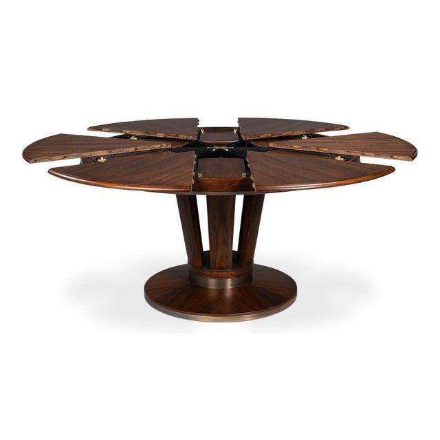 Wood Large Art Deco Round Jupe Dining Table with Stainless Steel Trim For Sale - Image 7 of 11