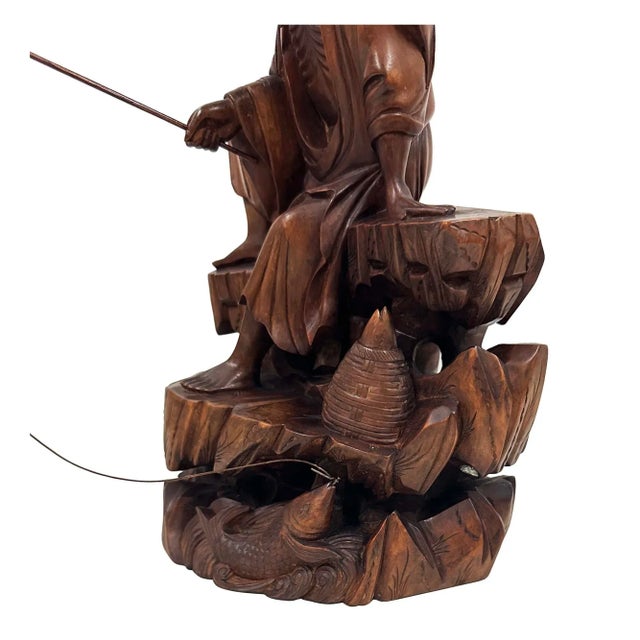 Mid-20th Century Chinese Wooden Carved Jiang Taigong Fishing Statue For Sale In Los Angeles - Image 6 of 13