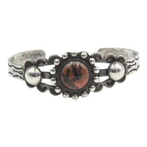 Vintage Native American Coin Silver and Brown Stone Cuff Bracelet