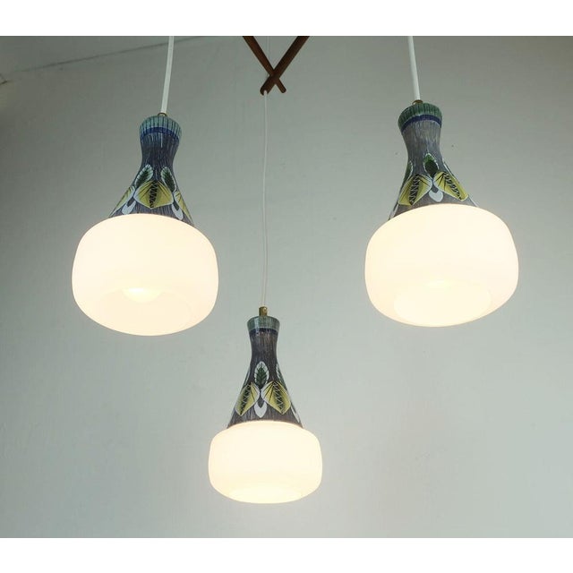 Modern Danish Pendant Light in Teak, Opaline Glass & Ceramic, 1960s For Sale - Image 10 of 11