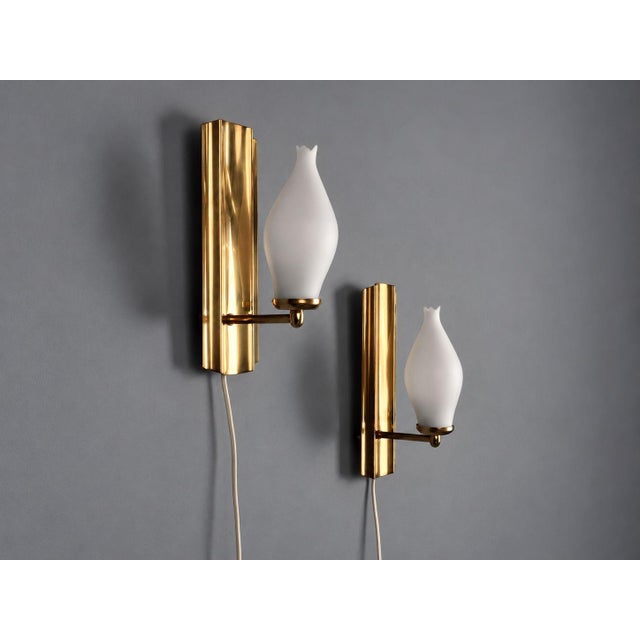 Mid-Century Modern 1960s Kurant, Norwegian Modern, Wall Lights, Brass, Opaline Glass For Sale - Image 3 of 12