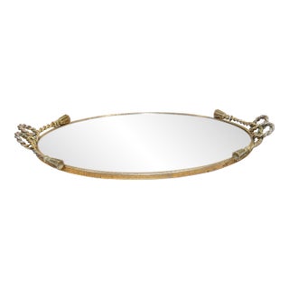 Art Deco Vanity Mirror Tray Rope Handles Gold Hollywood Regency 20"x13" For Sale