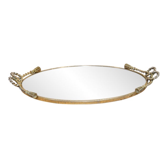 Italian Art Deco Vanity Mirror Tray Rope Handles Gold Hollywood Regency 20"x13" For Sale