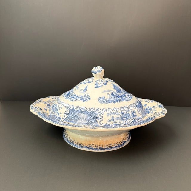 Beautiful 1930's vintage Blue and White Covered Vegetable in the "Chinese" pattern by Allerton's of England. The stamp...