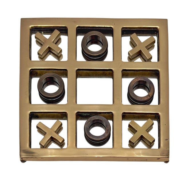 Polished & Patinated Brass Noughts and Crosses (Tic-Tac-Toe) Game by Sarreid, Mirror-Back, circa 1970s A sculptural mid-...