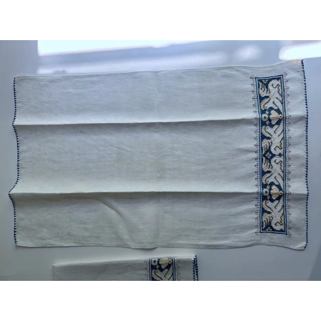 Vintage Pair Embroidered Blue & White Linen "Griffin" Hand Towels For Sale - Image 9 of 12