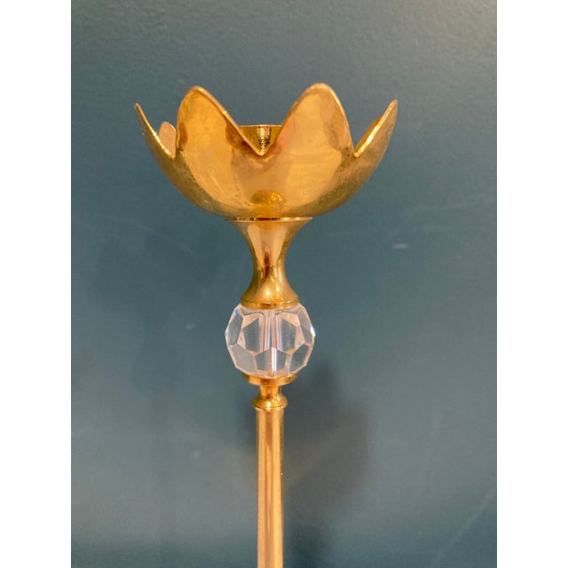 Mid 20th Century Vintage Brass Tulip Shaped Candle Holder With Crystal Accent For Sale - Image 5 of 6