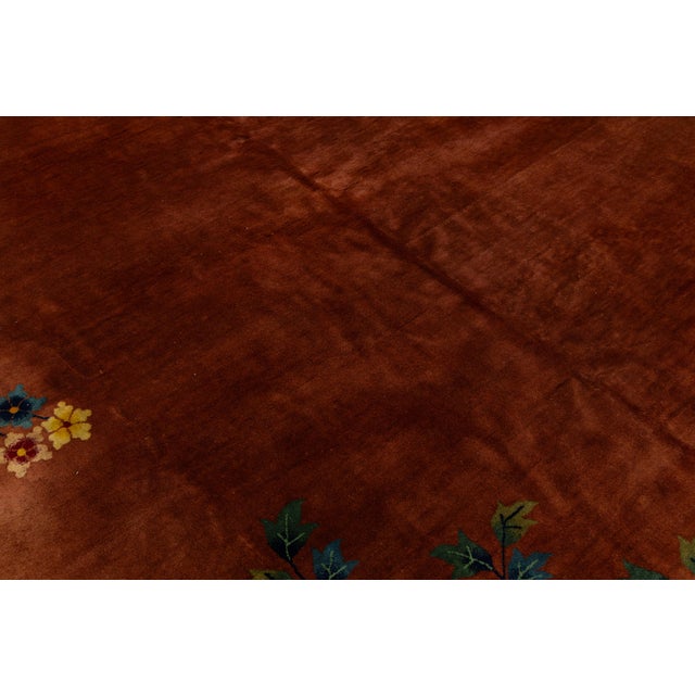 Antique Art Deco Handmade Floral Chinese Green and Brown Wool Rug For Sale - Image 12 of 13