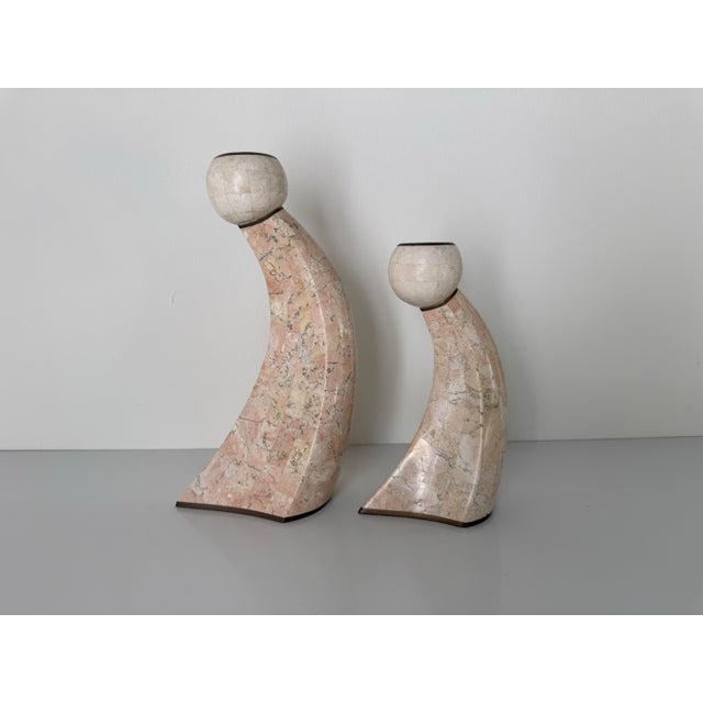 Beige 1980’s Postmodern Maitland Smith–Style Tessellated Stone & Brass Inlaid Sculptural Candle Holders – A Pair For Sale - Image 8 of 11