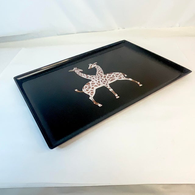 Black 1970s Mid-Century African Safari Couroc Giraffe Tray For Sale - Image 8 of 10