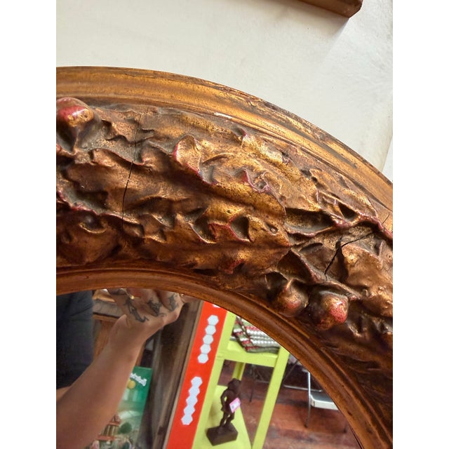 Victorian Antique Victorian Oval Gilt Mirror With Floral Relief Frame For Sale - Image 3 of 4