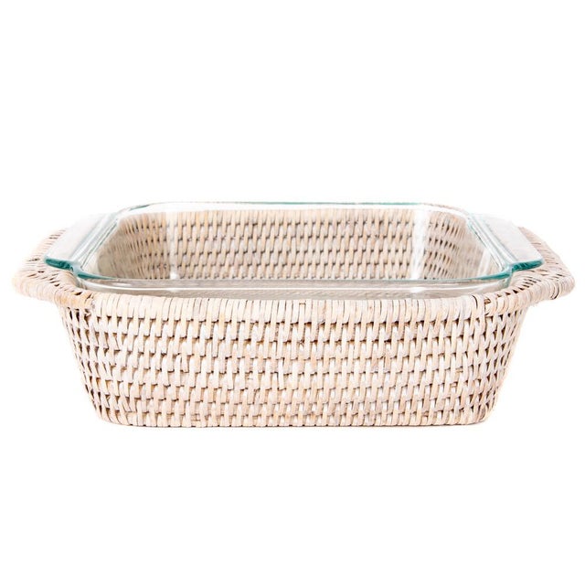 Boho Chic Artifacts Rattan Square Baker Basket with Pyrex in White Wash - 2 Pieces For Sale - Image 3 of 7