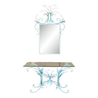 Hollywood Regency Era Wheat Form Tole Blue and White Console Table & Mirror For Sale