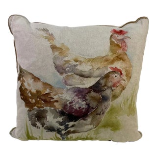 Square Pillow With a Pair of Chickens / Hens in a Watercolor-Like Print, Made in U K For Sale