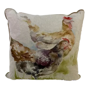 Square Pillow With a Pair of Chickens / Hens in a Watercolor-Like Print, Made in U K