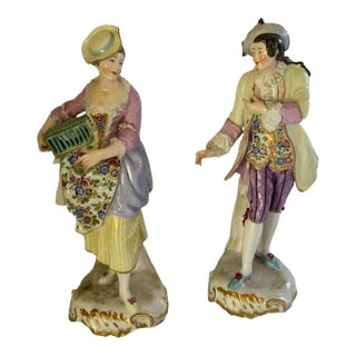 Fine Pair of Antique Meissen First-Quality Porcelain Rococo Figurines Made in Germany C. 1860-1890 For Sale
