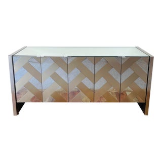 Vintage 1970s Ello Mirror & Brushed Metal Metal Mid Century Modern 5 Door Credenza Cabinet For Sale