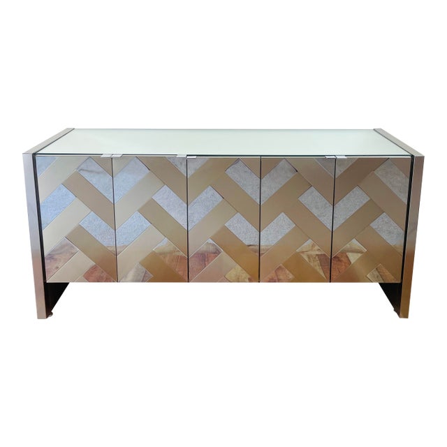 Vintage 1970s Ello Mirror & Brushed Metal Metal Mid Century Modern 5 Door Credenza Cabinet For Sale