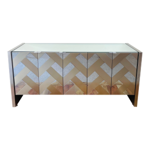 Vintage 1970s Ello Mirror & Brushed Metal Metal Mid Century Modern 5 Door Credenza Cabinet
