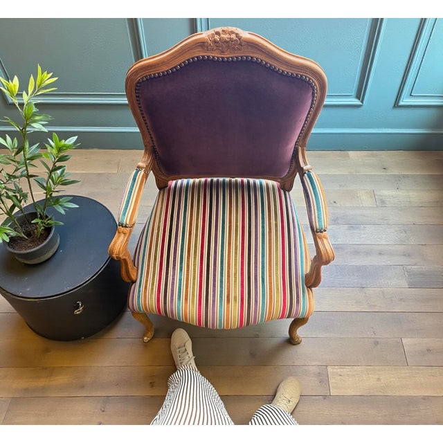 Rustic European Custom Vintage Jewel Stripe Abergine French Imprt Velvet Silk Fabric Accent Chair For Sale - Image 3 of 11