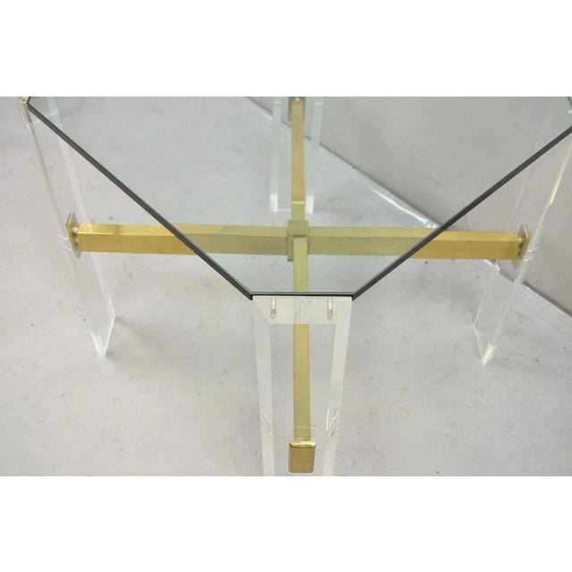 Vintage Mid Century Modern Lucite & Glass Brass Stretcher Occasional Side Table For Sale - Image 9 of 12